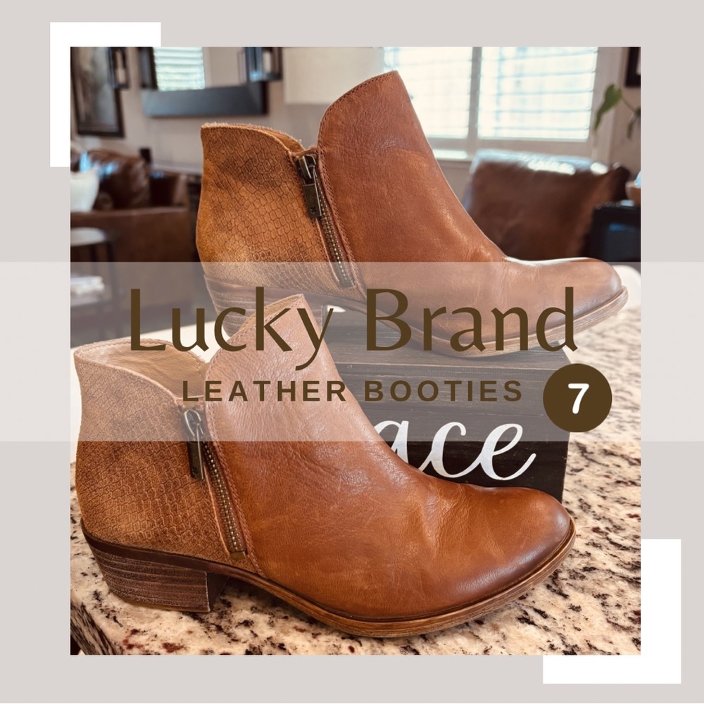 Lucky Brand Cognac Leather Ankle Booties with Side Zip ~ Size 7